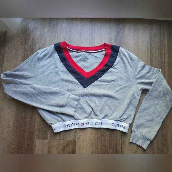 Tommy Hilfiger V-Neck Sweater in Gray with Red and Black Trim - Picture 1 of 6